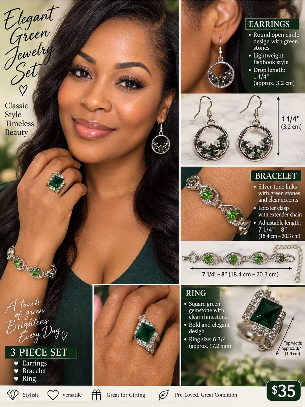 Elegant Green Jewelry Set – 3-Piece Earrings, Bracelet & Ring